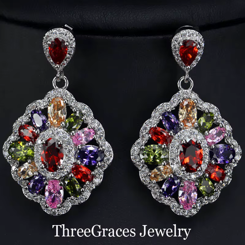 Trois boucles d'oreilles Mona Lisa CZ pour femmes, bijoux multicolores, forme Marquise, en cristal d