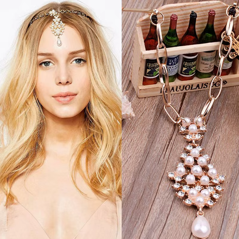 Boho Style Lady Pearl Tassel Flower Crystal bal inestone Hair Tikka réinitialisation, Indian Head Je