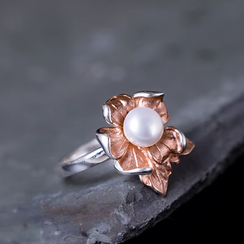 Amxiu-Bague en argent regardé 925 avec perle d'eau douce naturelle, bijoux faits à la main, fleur ro