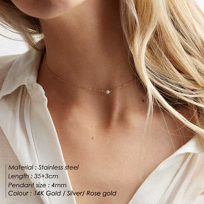 Collier ras du cou en acier inoxydable EManco avec perles imitées pour femmes, couleur or, collier à