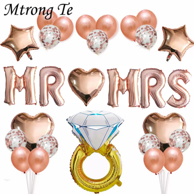 Ballons Ronds Rose Or à Paillettes Imprimés Mr & Mrs LOVE, en Aluminium, Décor de la Journée de Léon