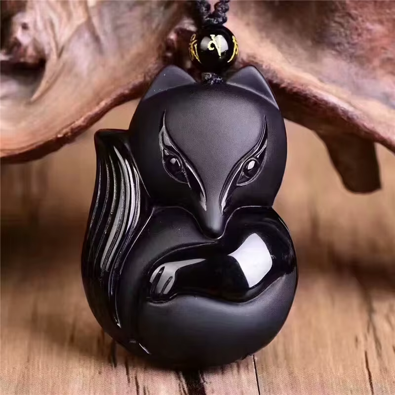 Amulette porte-bonheur en obsidienne, pendentif renard noir, collier pour amoureux de l'obsidienne, 