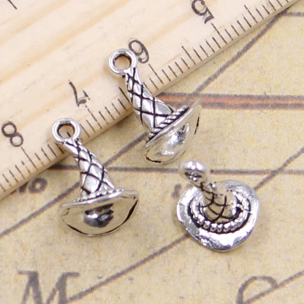 Breloques de chapeau magique de magicien en argent antique, bijoux faits à la main bricolage, docume