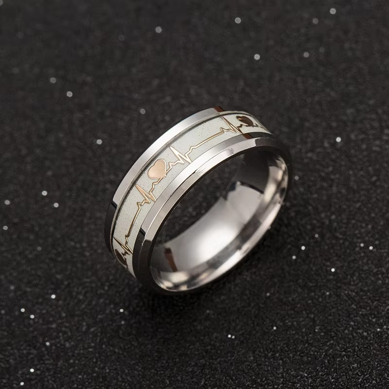 Bague ECG lumineuse en acier inoxydable, promesse de battement de cœur, bijoux lumineux pour hommes 