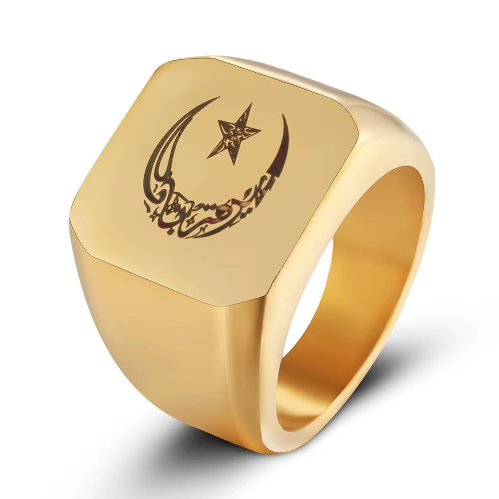Bague musulmane en acier inoxydable pour hommes, anneau de couleur or et argent, lune, étoile, bijou