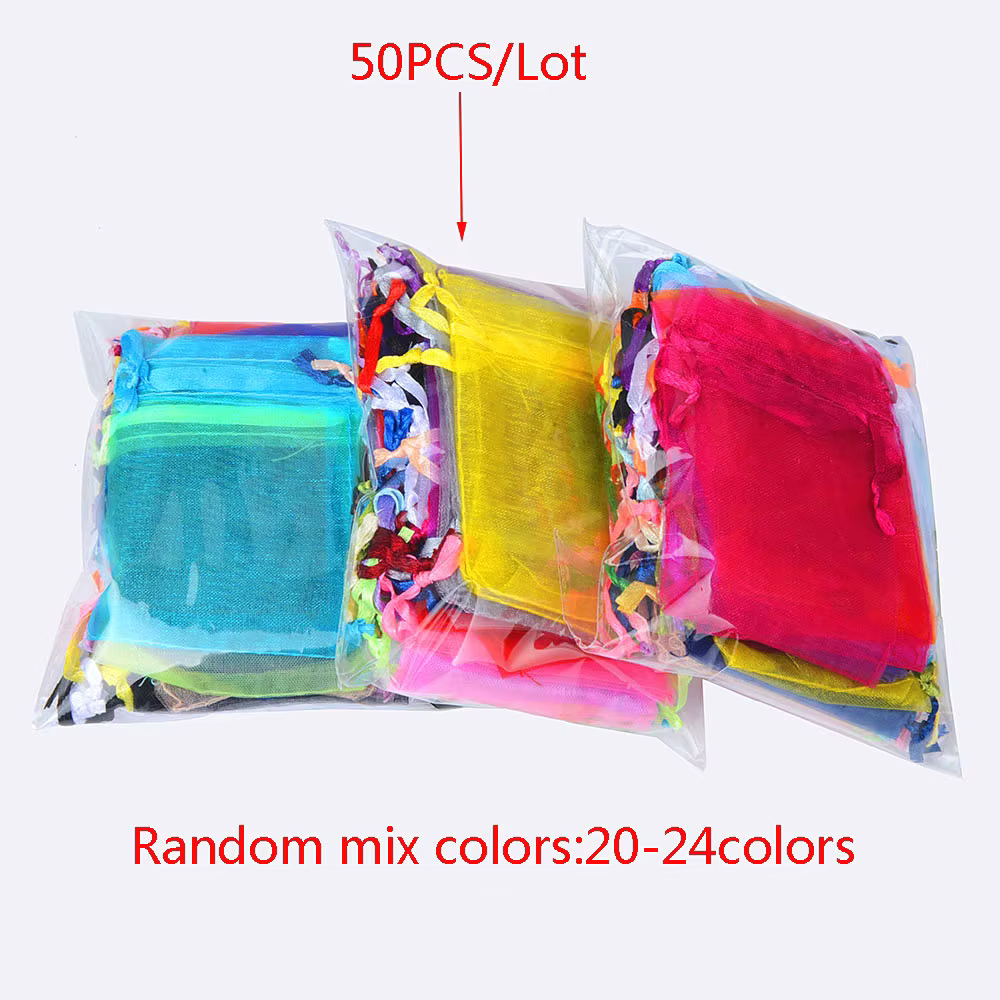 Sacs à bijoux en Organza, 24 couleurs, 50 pièces/lot, sacs cadeaux pour emballage de bijoux, pochett