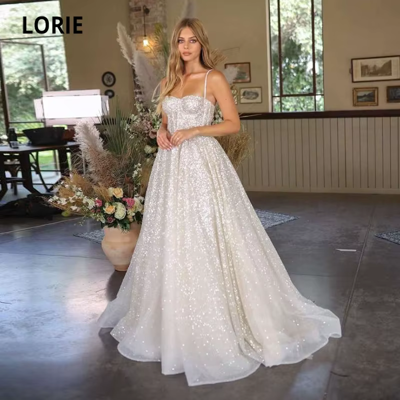 LORIE – robe de mariée brillante style Boho, bretelles Spaghetti, paillettes, princesse, suknia slub