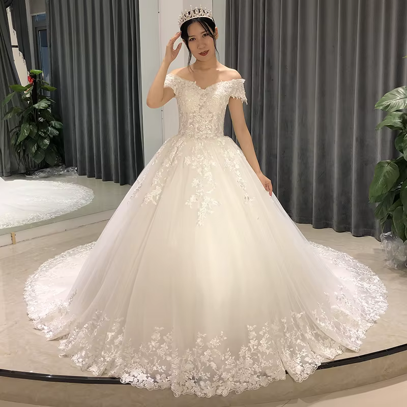 SL-6804 robe de mariée personnalisée épaules dénudées vintage élégant dentelle appliques célébrité p