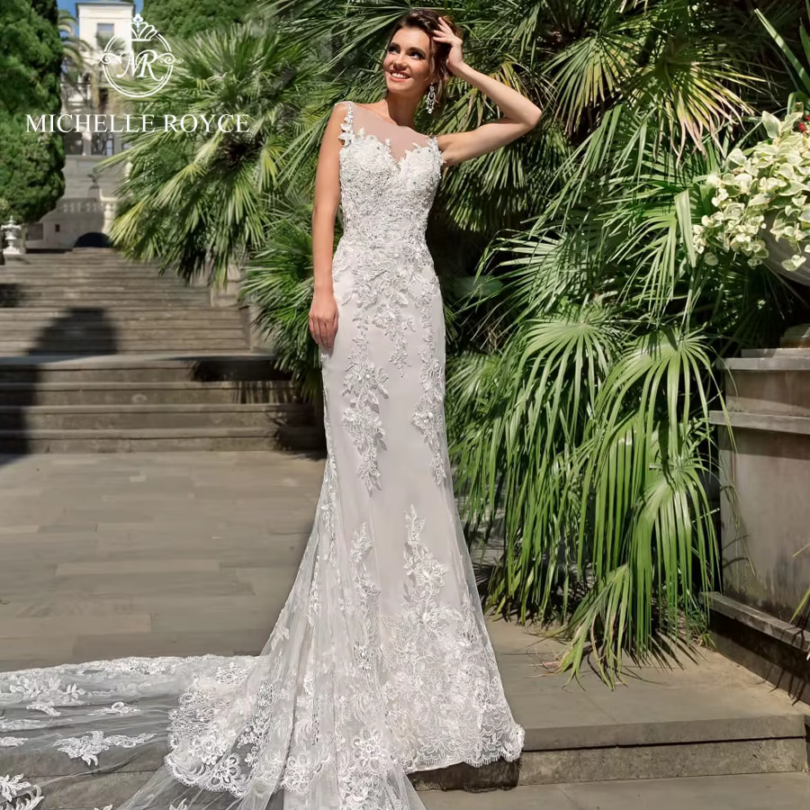 Michelle Royce sirène robes De mariée Sexy chérie Illusion Appliques bouton chapelle Train robes De 