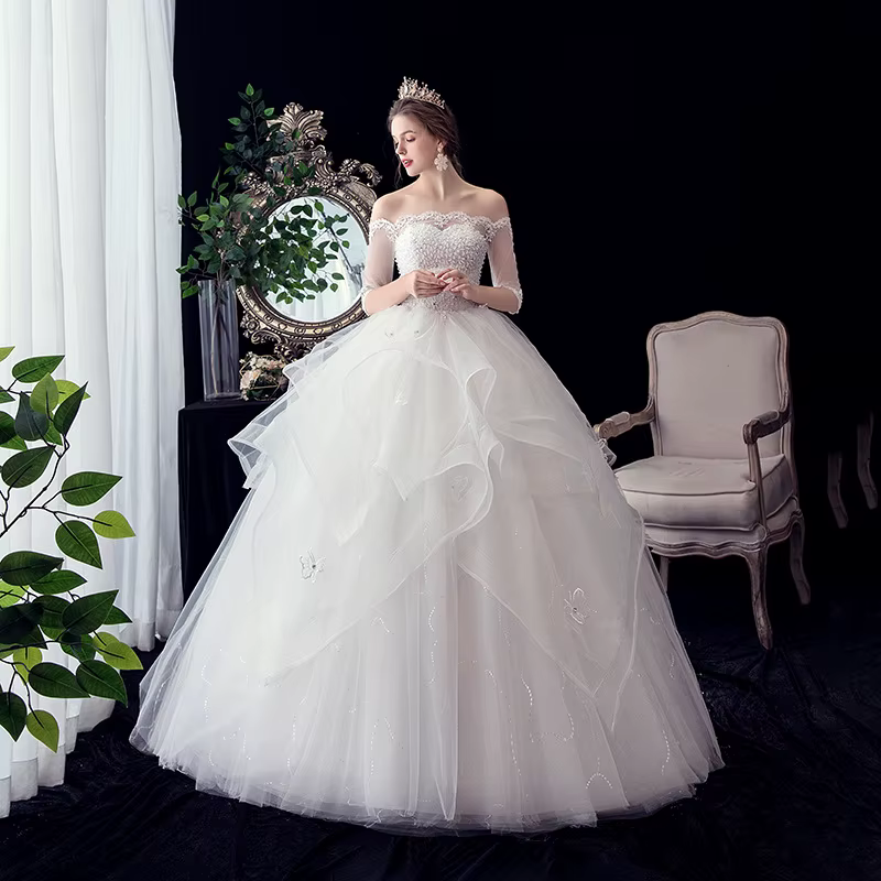 Gryffon-Robe de Mariée à Demi-Manches et Col Bateau, Tenue de Bal de Luxe en Dentelle et Paillettes,