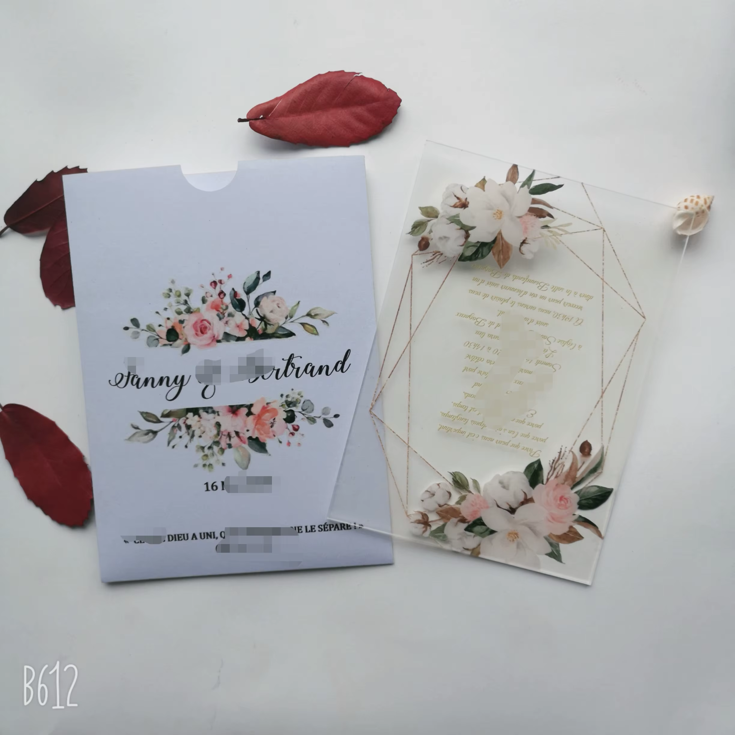 Carte d'invitation enveloppe de poche de tous les modèles, carte d'invitation en acrylique pour mari