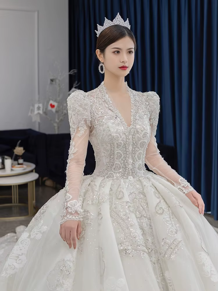 Robe de mariée à manches longues, col en V, perles de luxe, robe de mariée personnalisée, nouveau, h