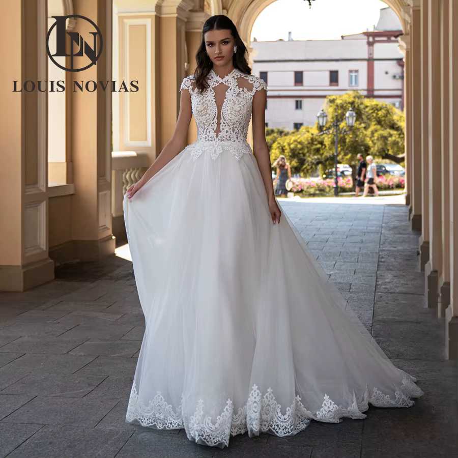 Modiis Navias-Robe de mariée A-Line, Sexy, Perles, Col rond, Drapée, Patients, Semi-Transparent, Bro