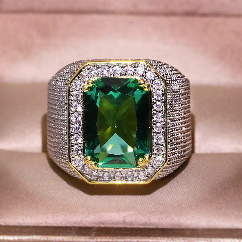Grand anneau européen et américain en zircon vert pour hommes et femmes, bijoux de fête de voyage, c