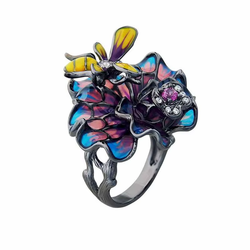 Bague de Fiançailles en Or Noir pour Femme, Exquise, Document, Raisin, Insecte, Papillon, Arc
