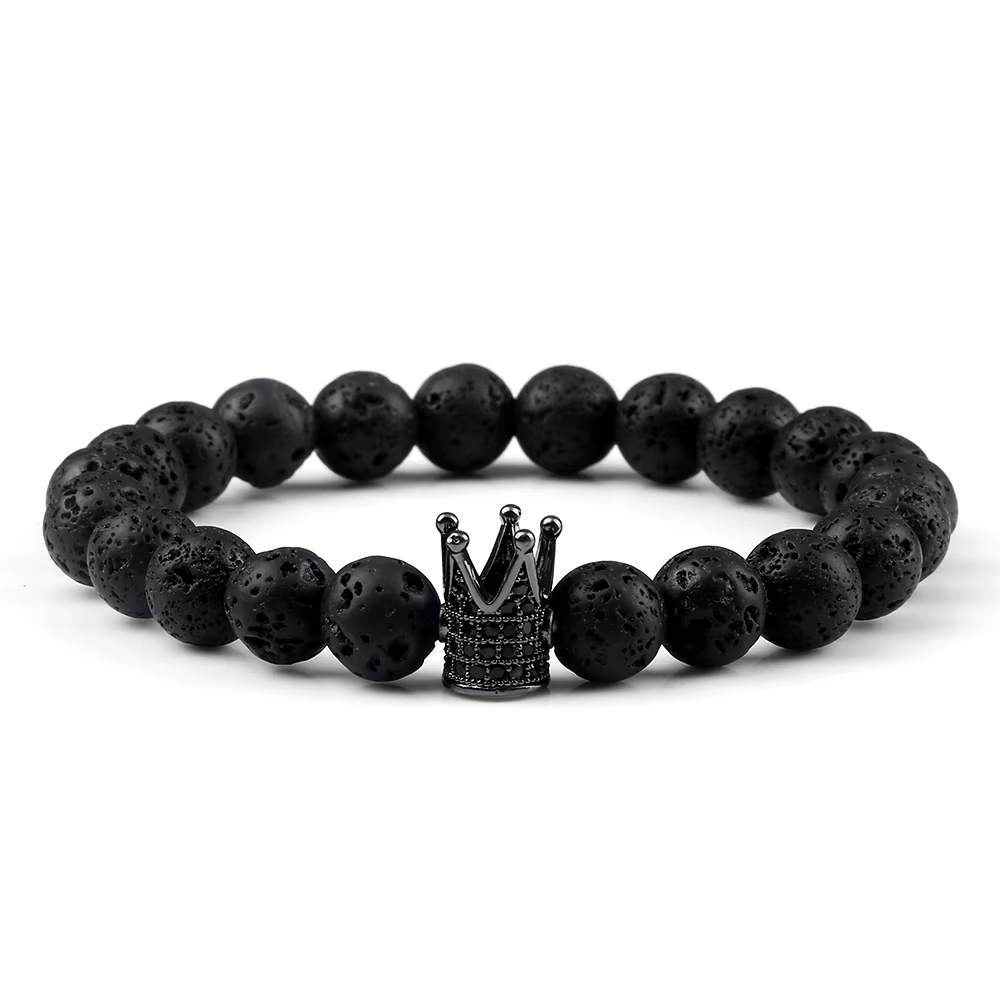 Vintage CZ roi couronne bracelets porte-bonheur pour hommes 8mm naturel noir pierre de lave perles e