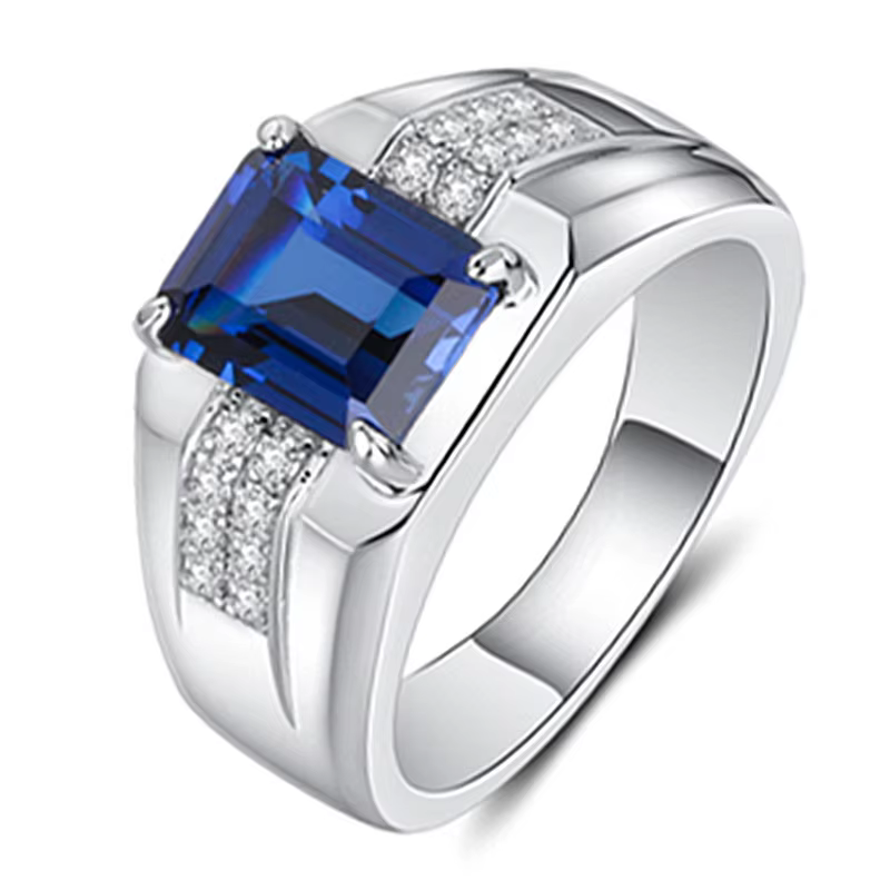 Bague rectangulaire en cristal bleu pour hommes, bijoux de doigt cool, bague en argent 925, accessoi