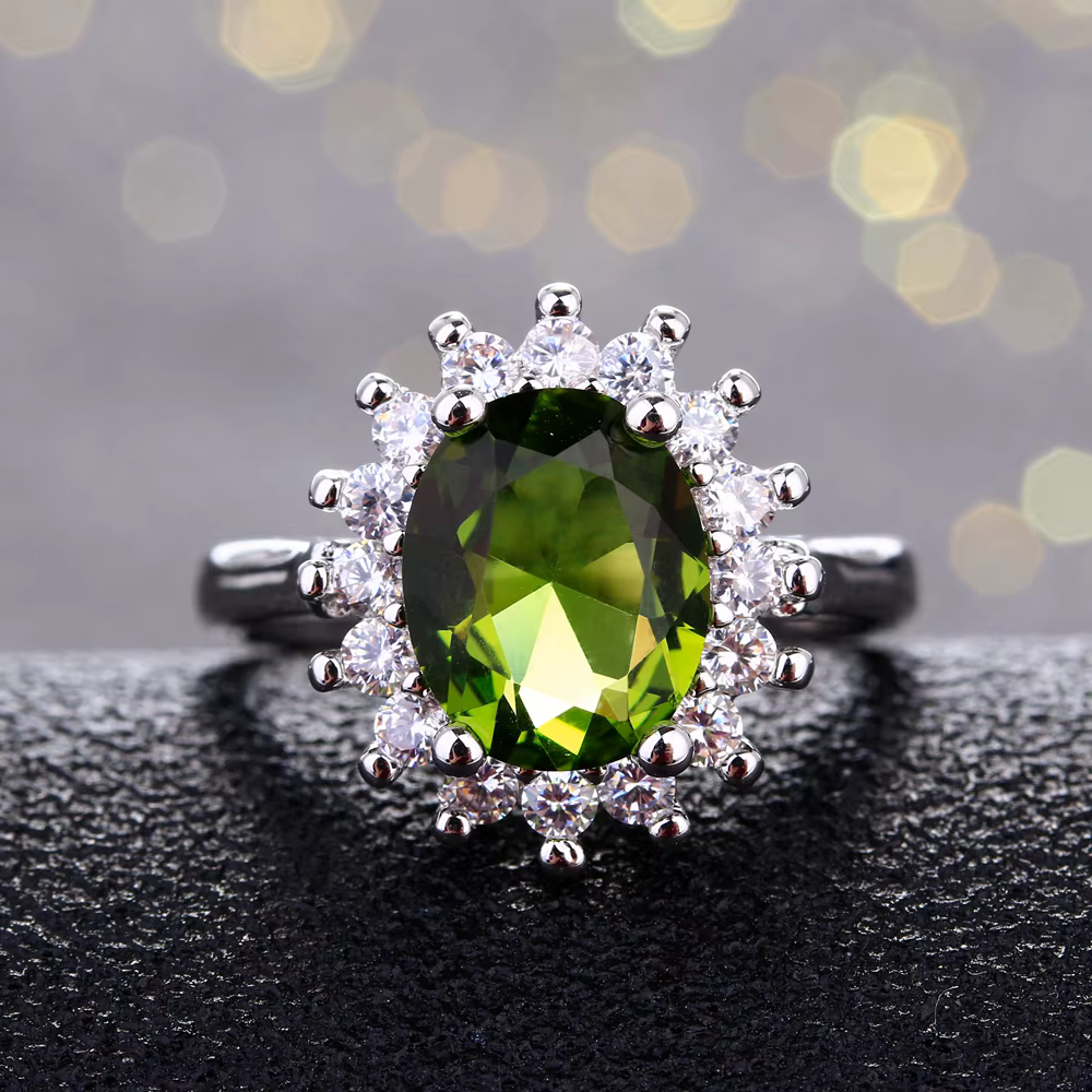 Bague rétro en argent pour femmes, bagues à fleurs avec pierres péridot brillantes, marque de luxe,