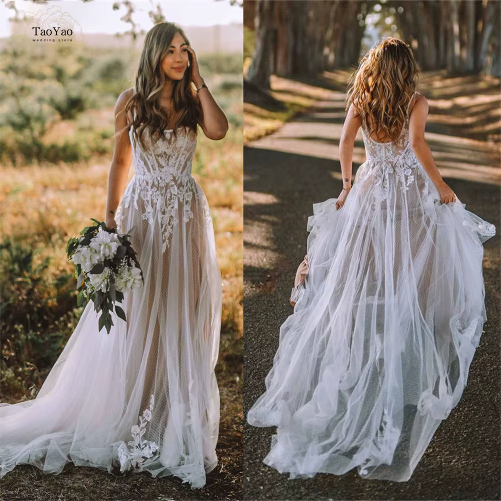 Boho-Robe de Mariée à Dos auxavec Bretelles Spaghetti, Encolure Carrée de la raq, A-ligne, Robe Éduc