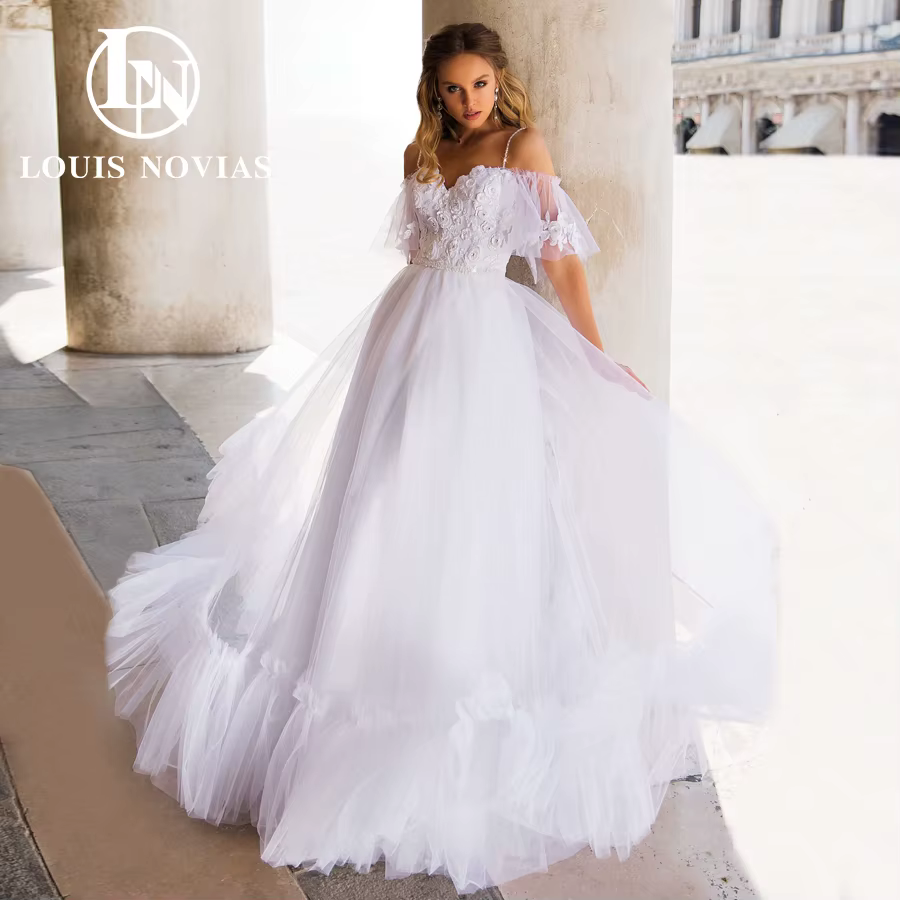 Modis-Robe de mariée A-ligne avec appliques de fleurs et manches évasées, robe de mariée, élégante, 