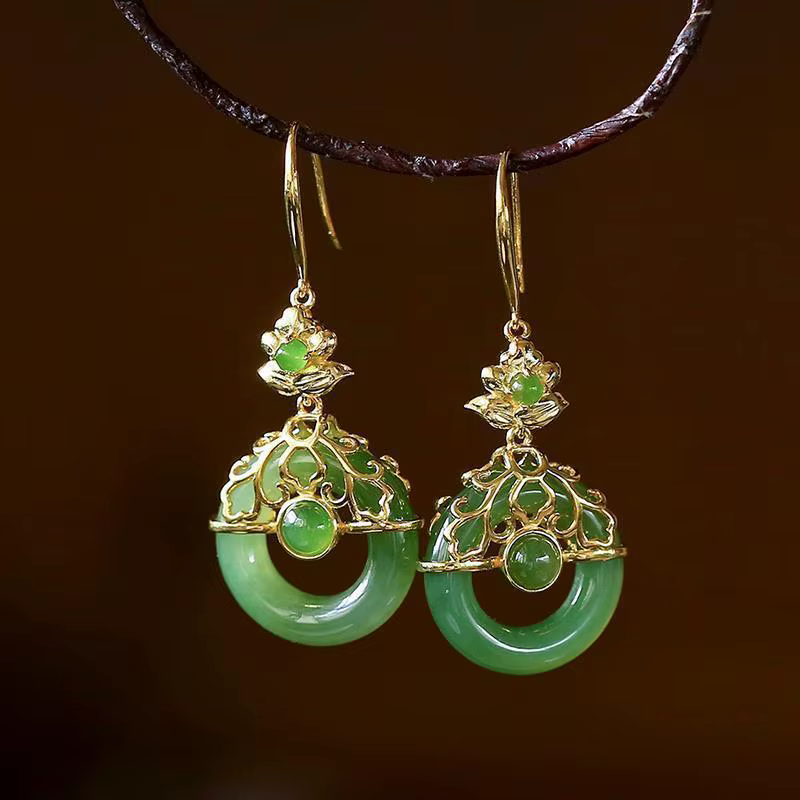 Boucles d'oreilles en jaspe de jade Hetian naturel, style cour rétro chinois, artisanat de styliste,
