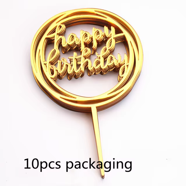 10 décorations de gâteau Joyeux Anniversaire en or rose, argent et noir, design simple en acrylique,