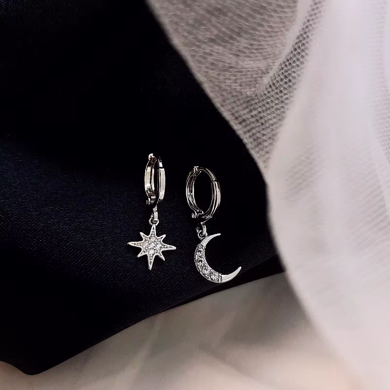 VENTFILLE 925 Sterling CZ étoile lune asymétrique boucles d'oreilles pour femmes filles or argent co