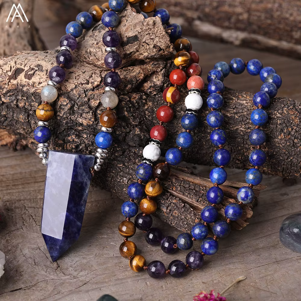 Pendentif en pierre de sodalite naturelle, 8mm, quartz, œil de tigre, lapis, perles rondes nouées, c