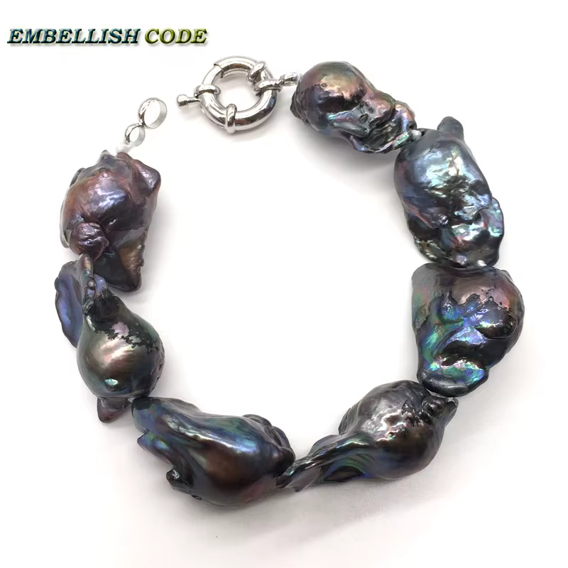 Bracelet de Perles Baroques de Grande Taille, Couleur Noire et Bleue, Perles de Culture Réelles Irré