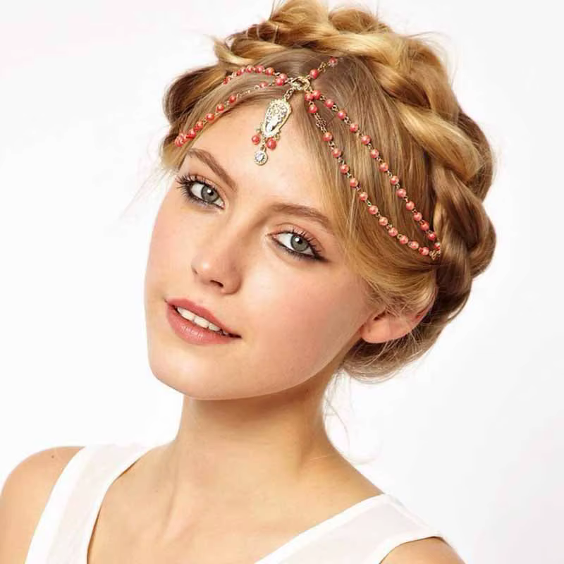 Coiffe indienne blanche et rouge perlée, bijou de tête pour le front, chaîne de cheveux en cristal, 