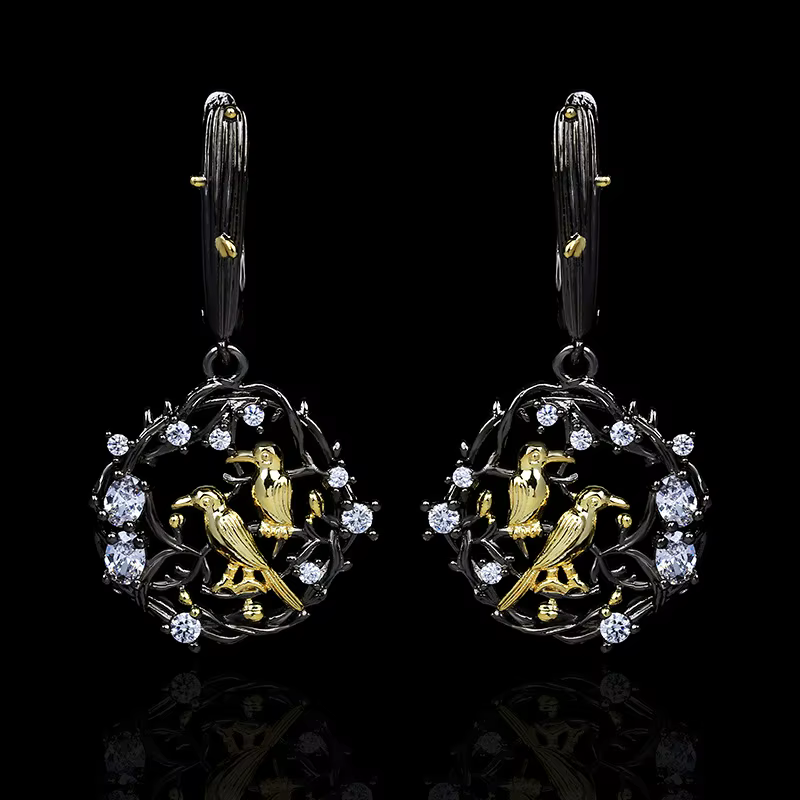 Boucles d'oreilles en forme d'oiseau en argent 925, série Unique et exagérée en or noir, pendentif e