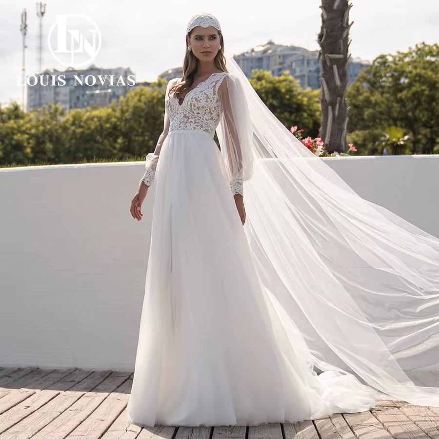 Modiis-Robe de mariée trapèze en dentelle brodée, col en V, manches bouffantes, jupe dos nu, bohème,