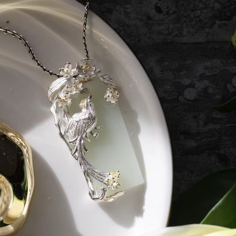 Collier pendentif phénix en argent incrusté naturel pour dames, bijoux de mariage et de fiançailles,