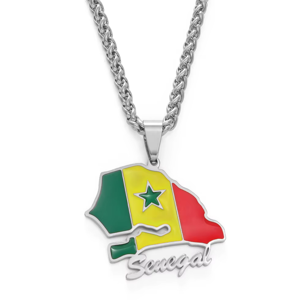 Anniyo – colliers avec pendentif drapeau de la carte du sénégal pour hommes et femmes, couleur argen