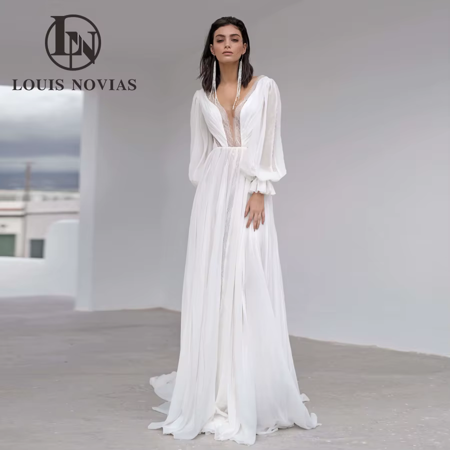 Modiis-Robe de mariée bohème pour femme, col en V sexy, robe dos nu pour patients de plage, manches 