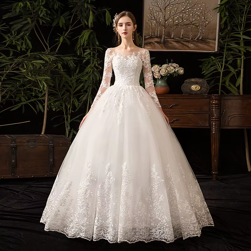 Robe De mariée blanche en dentelle brodée à manches longues, tenue De mariage élégante, grande taill