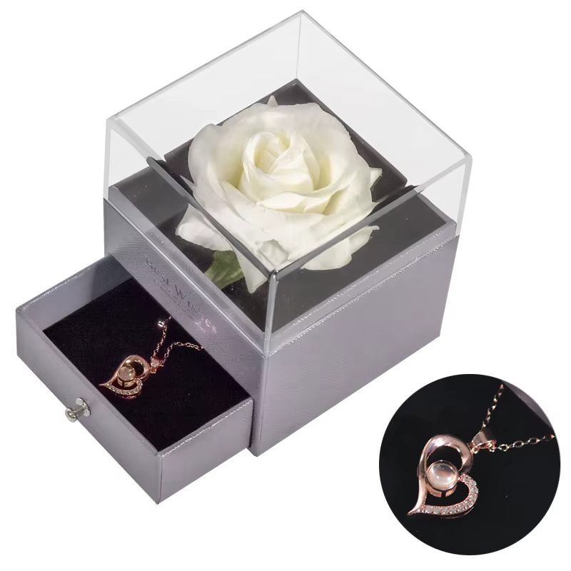Boîte à bijoux fleur éternelle pour femme, collier je t'aime, cadeaux pour petite amie, cadeau de ma