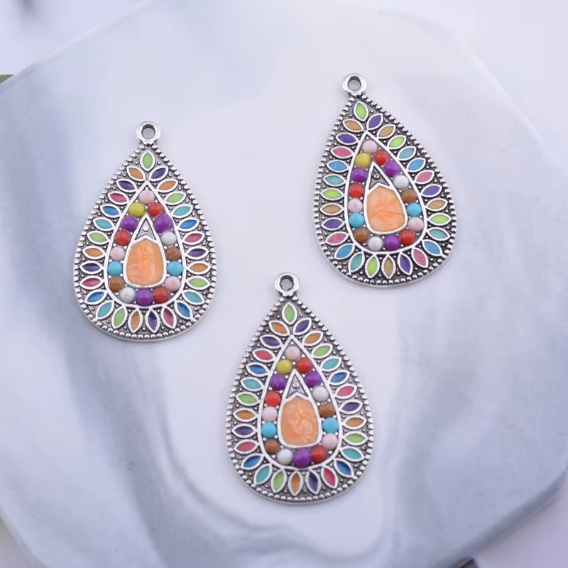 12 pcs/lot 21*33mm Style bohème couleur argent antique émaillé alliage breloques oreille pendentif b