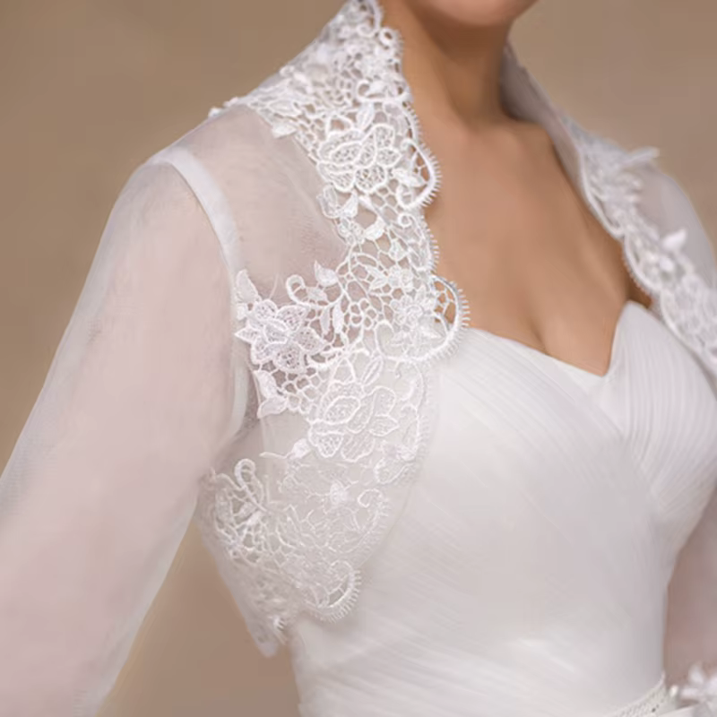 Veste de mariage à manches 3/4 pour femmes, broderie florale en dentelle, garniture enveloppante, bo