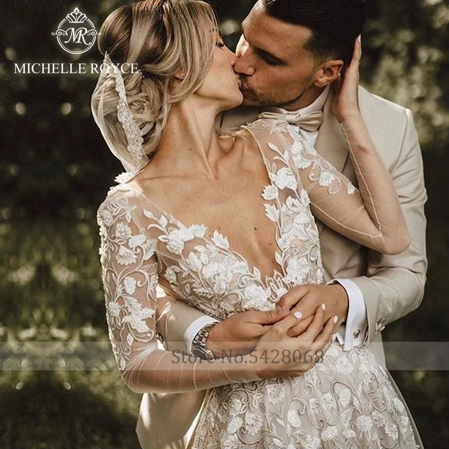 Michelle Royce a-ligne robes De mariée pour les femmes Sexy Appliques dos nu chapelle Train col en v