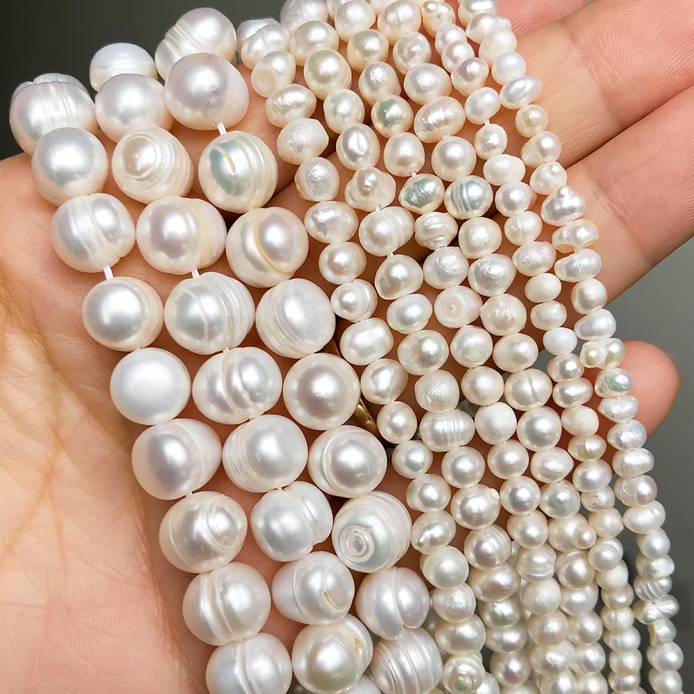 Perles d'eau douce blanches naturelles, perles de culture rondes irrégulières pour bricolage de femm