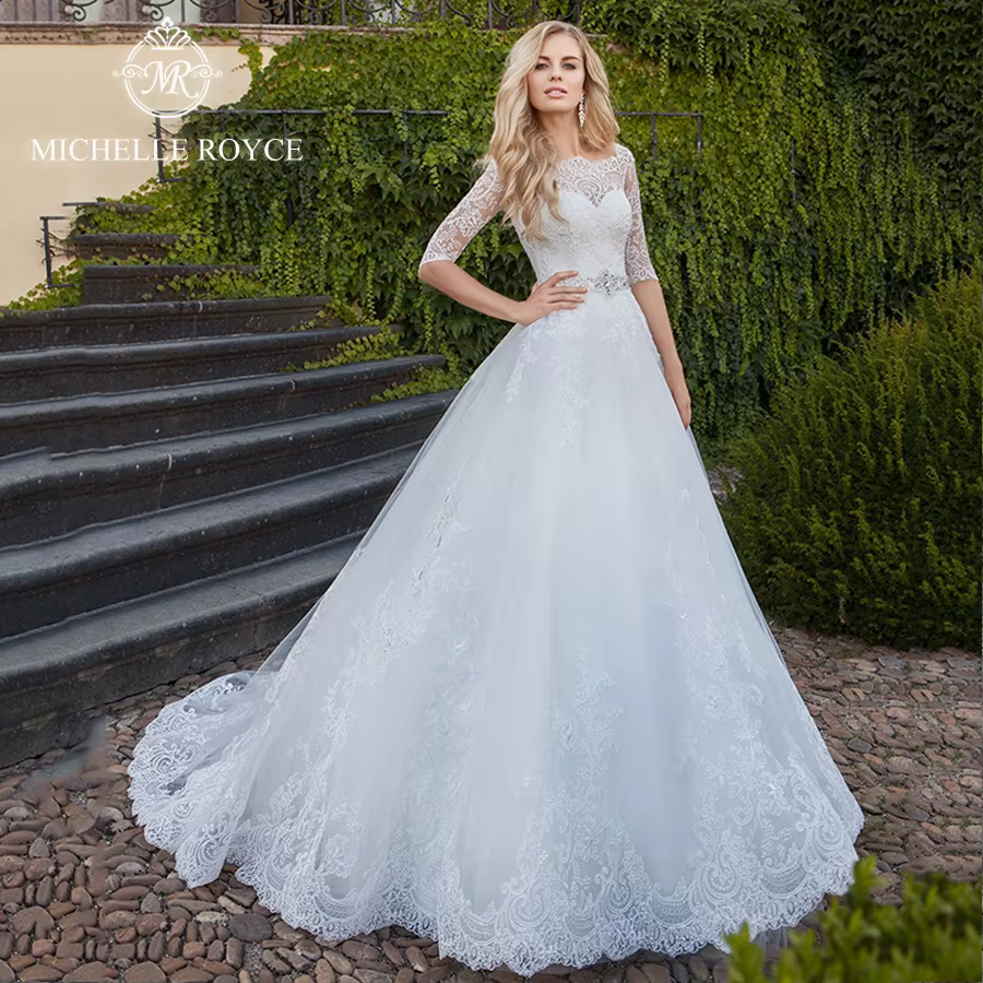 Michelle Royce A-LING robes De mariée De haute qualité chérie demi manches découpées perlées à lacet