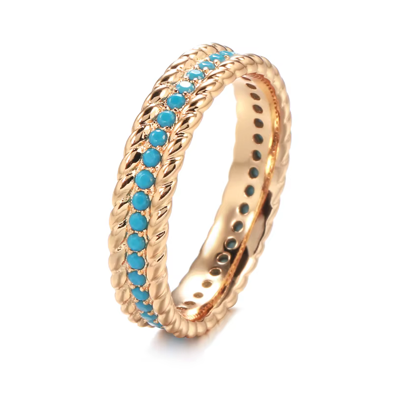 Kinel nouveau 585 or Rose cercle complet bague de luxe empilable Turquoise bague pour les femmes Fin