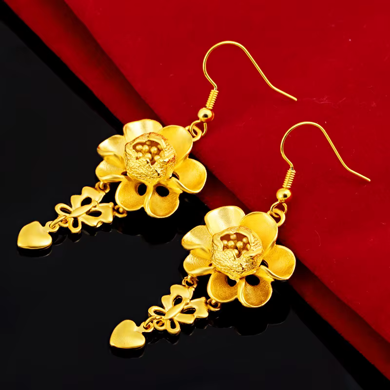 Boucle d'oreille fleur en or jaune 22 carats pour femme, bijoux coeur romantique