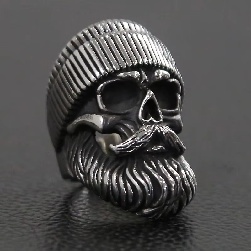 Punk grande barbe porter chapeau crâne anneau hommes garçons en acier inoxydable vieil homme crâne B