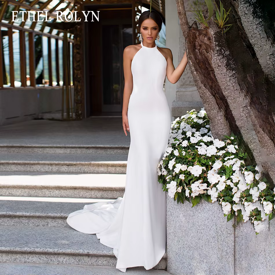 ETHEL ROCirCN-Robe de Mariée Sirène en Satin, Tenue Éducative Sexy, Dos aux, Col Licou, Commande, Pl