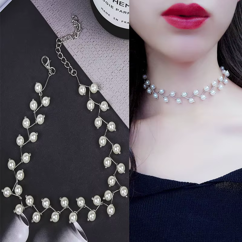 Nouveaux colliers de perles coréens pour femmes, chaîne à maillons couleur or, collier ras du cou, a