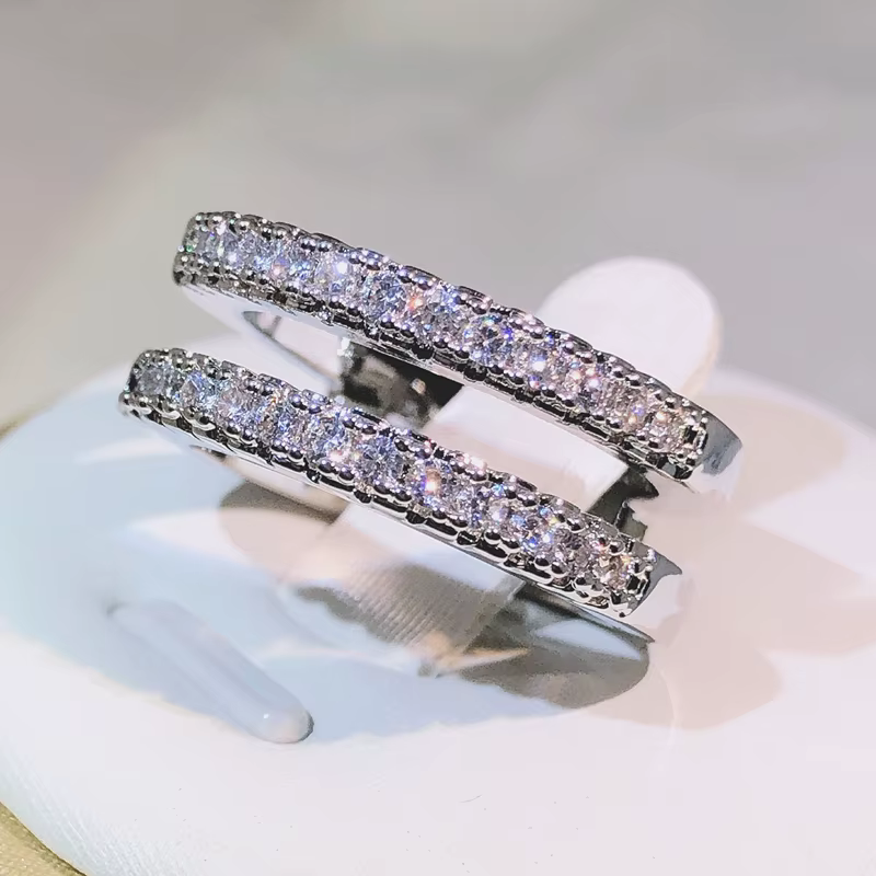 Bague en Zircon blanc à Double rangée de bijoux en argent Sterling 925, bijoux à la mode pour dames,