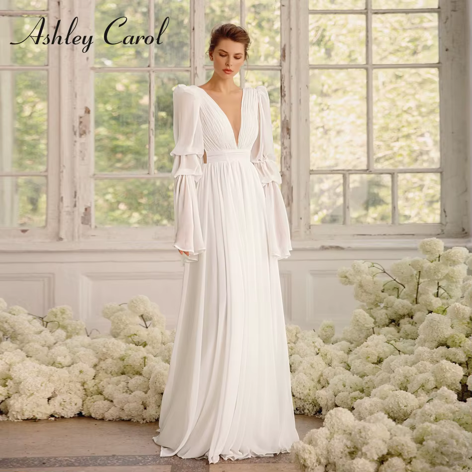 Ashley Carol-Robe de Mariée Trapèze en Mousseline de Soie Drapée, Sexy, Irritation, Décolmétrage en 