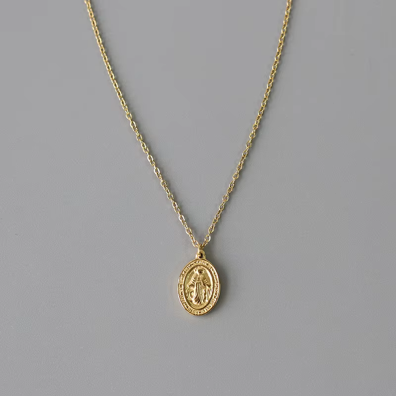Amaiyllis 18k or vierge marie Double face ovale clavicule Collier pendentif fait à la main tour de c